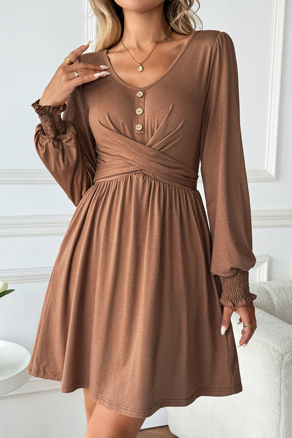 Chestnut Shirred Cuff Long Sleeve Button Round Neck Mini Dress 🇺🇸