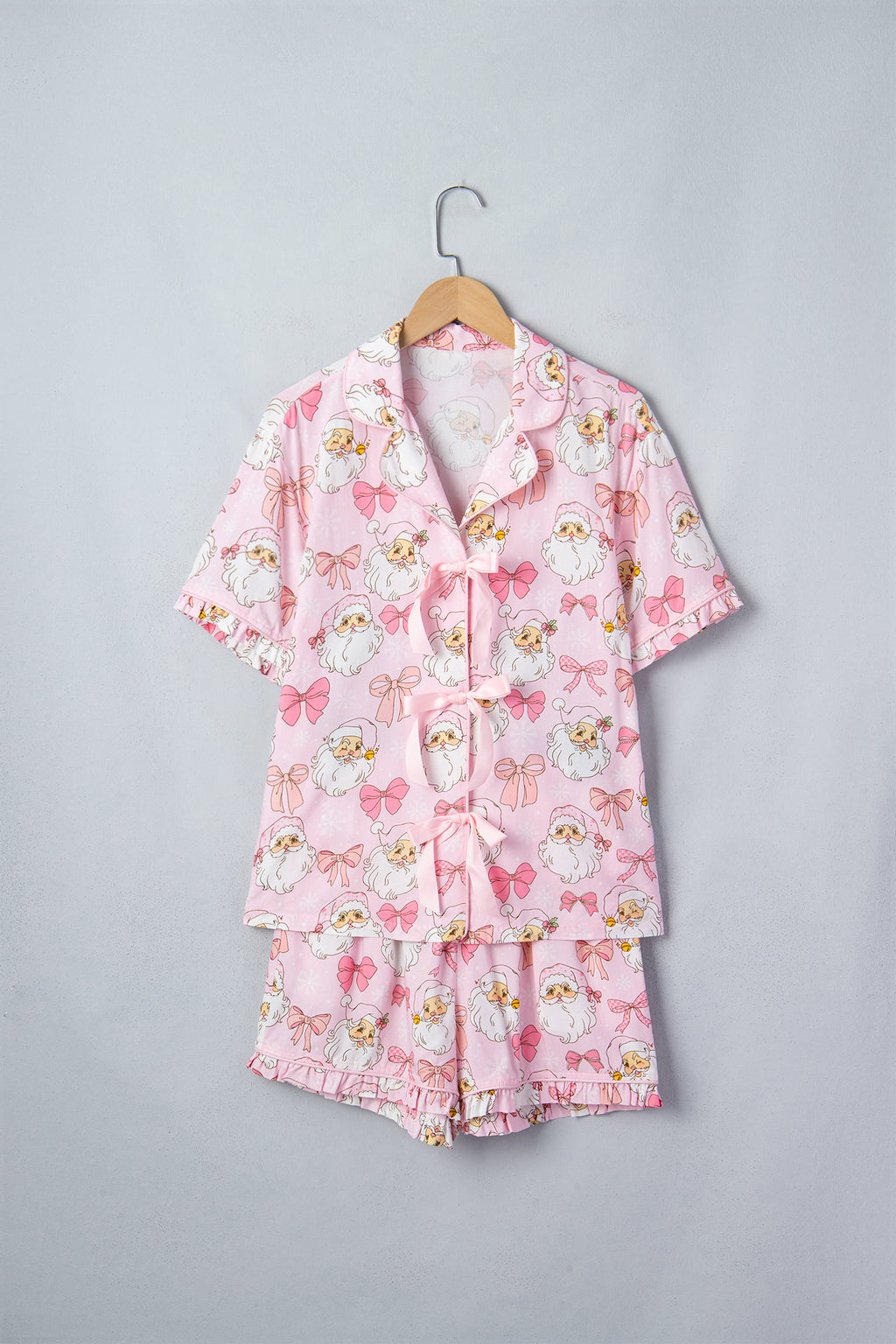 Pink Santa Print Paneling Shift Silhouette Short Sleeve Lounge Set 🇺🇸