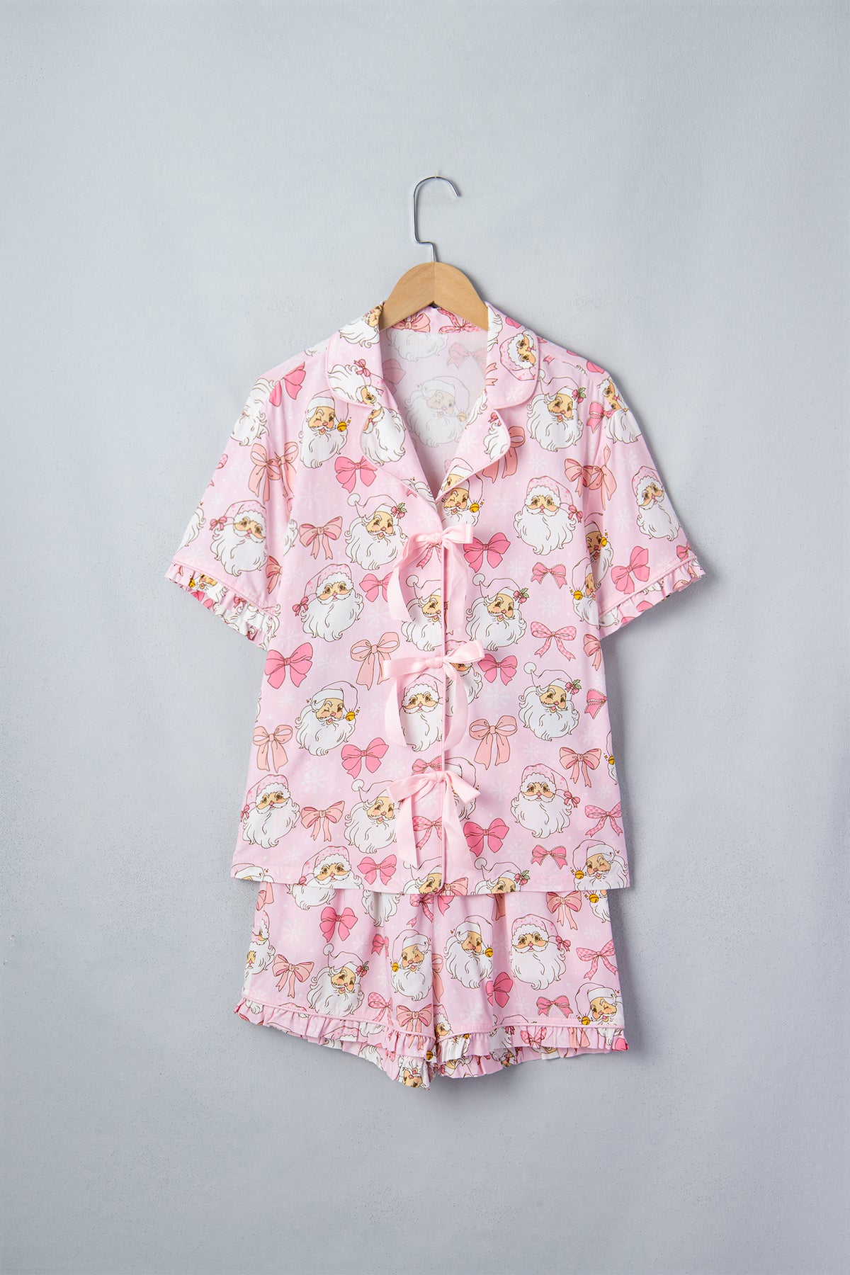 Pink Santa Print Paneling Shift Silhouette Short Sleeve Lounge Set 🇺🇸