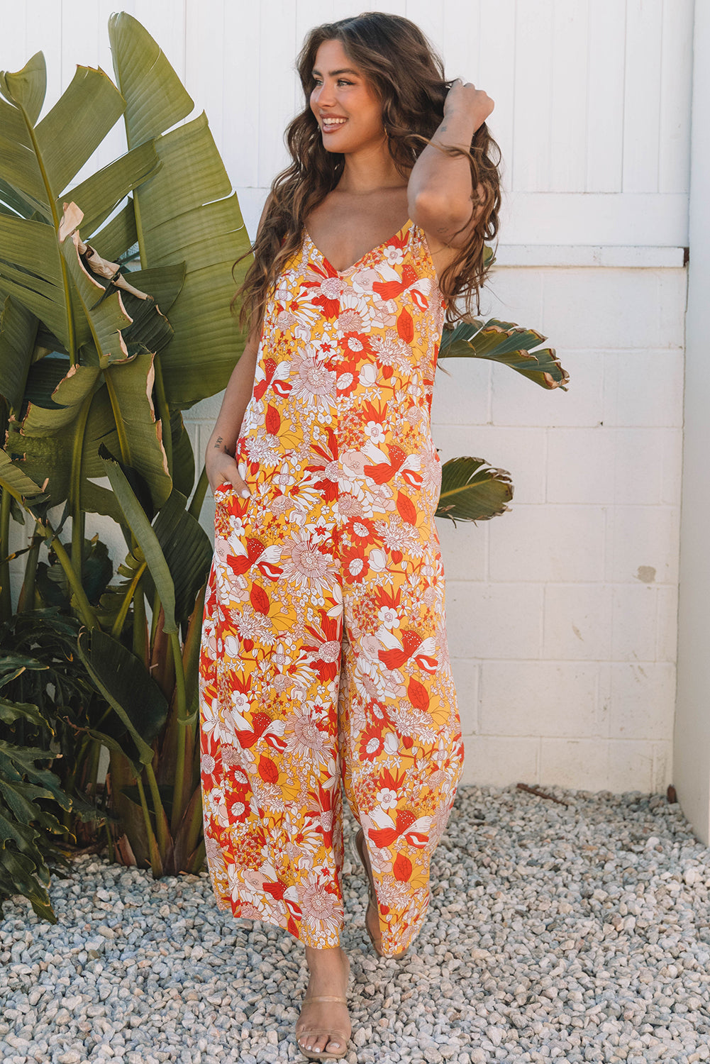 Orange Floral V Neck Wide Leg Sleeveless Jumpsuit 🇨🇳