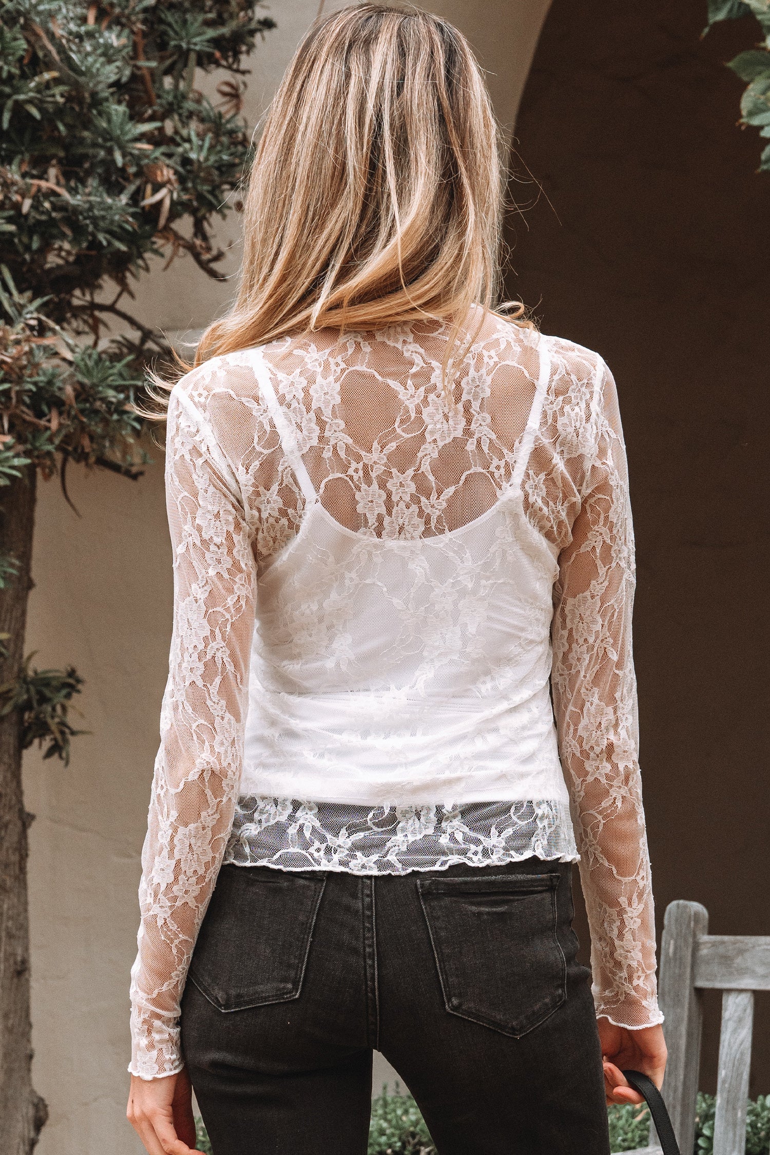 White Sheer Lace Mesh Mock Neck Slim Fit Long Sleeve Top 🇺🇸