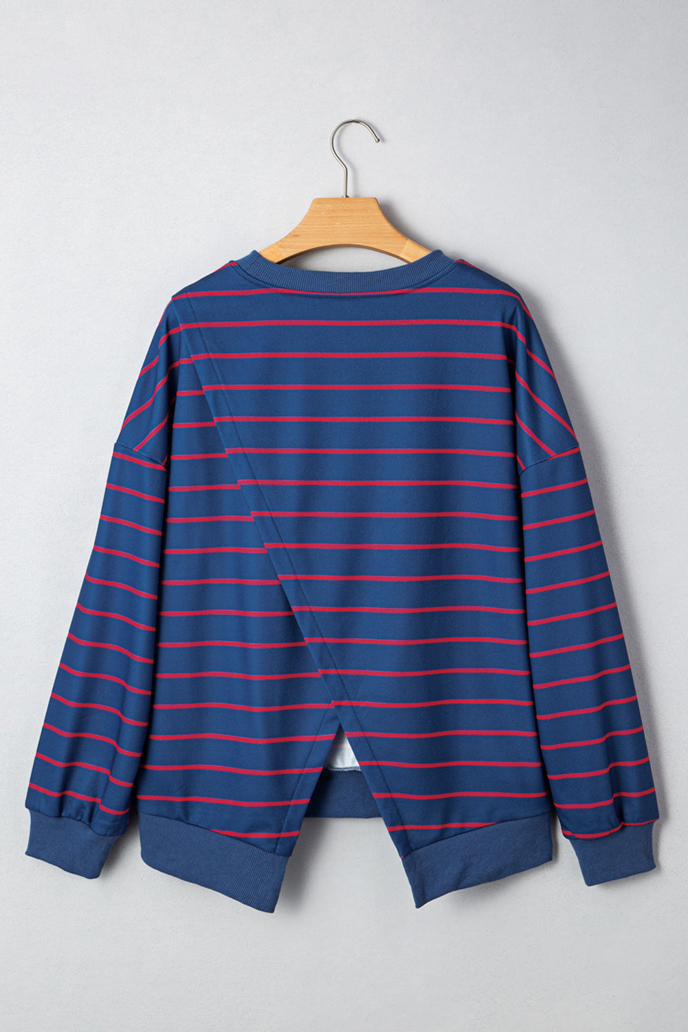 Blue Stripe Stylish Overlap Detail Drop Shoulder Pullover Sweatshirt 🇺🇸
