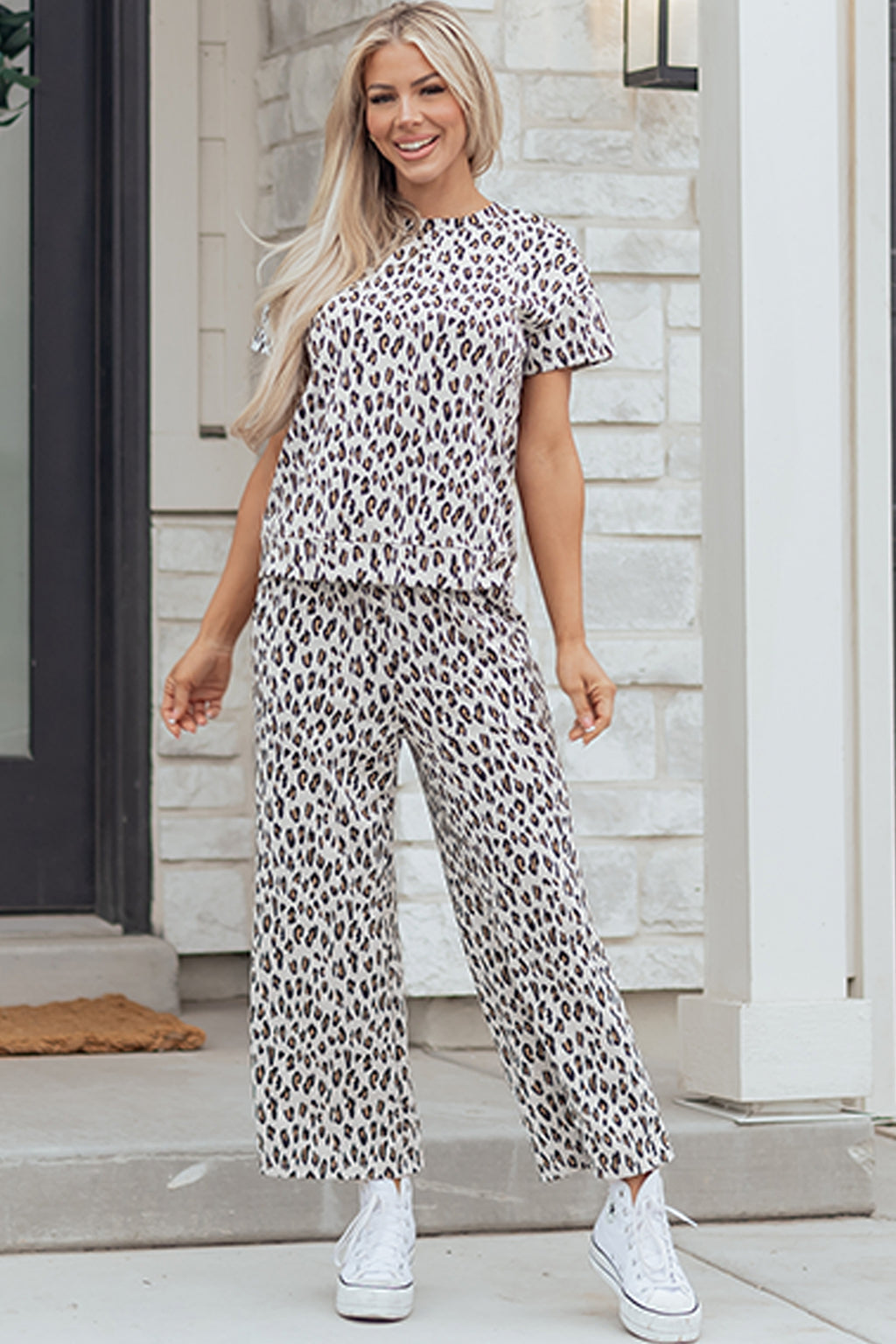 Beige Leopard Print Casual Tee and Pants 2pcs Outfit 🇺🇸