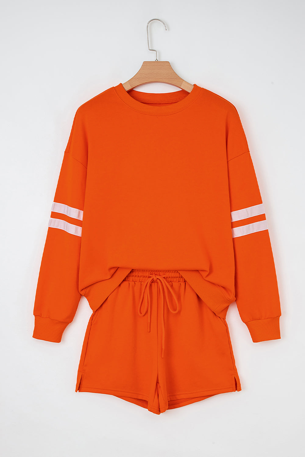 Orange Varsity Striped Sleeve Drop Shoulder Sweatshirt and Short Set 🇺🇲