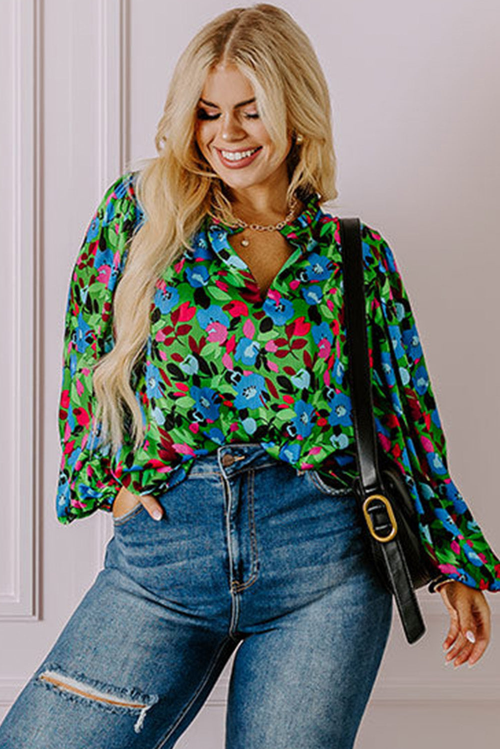 Green Plus Size Floral Bubble Sleeve V Neck Blouse 🇺🇸