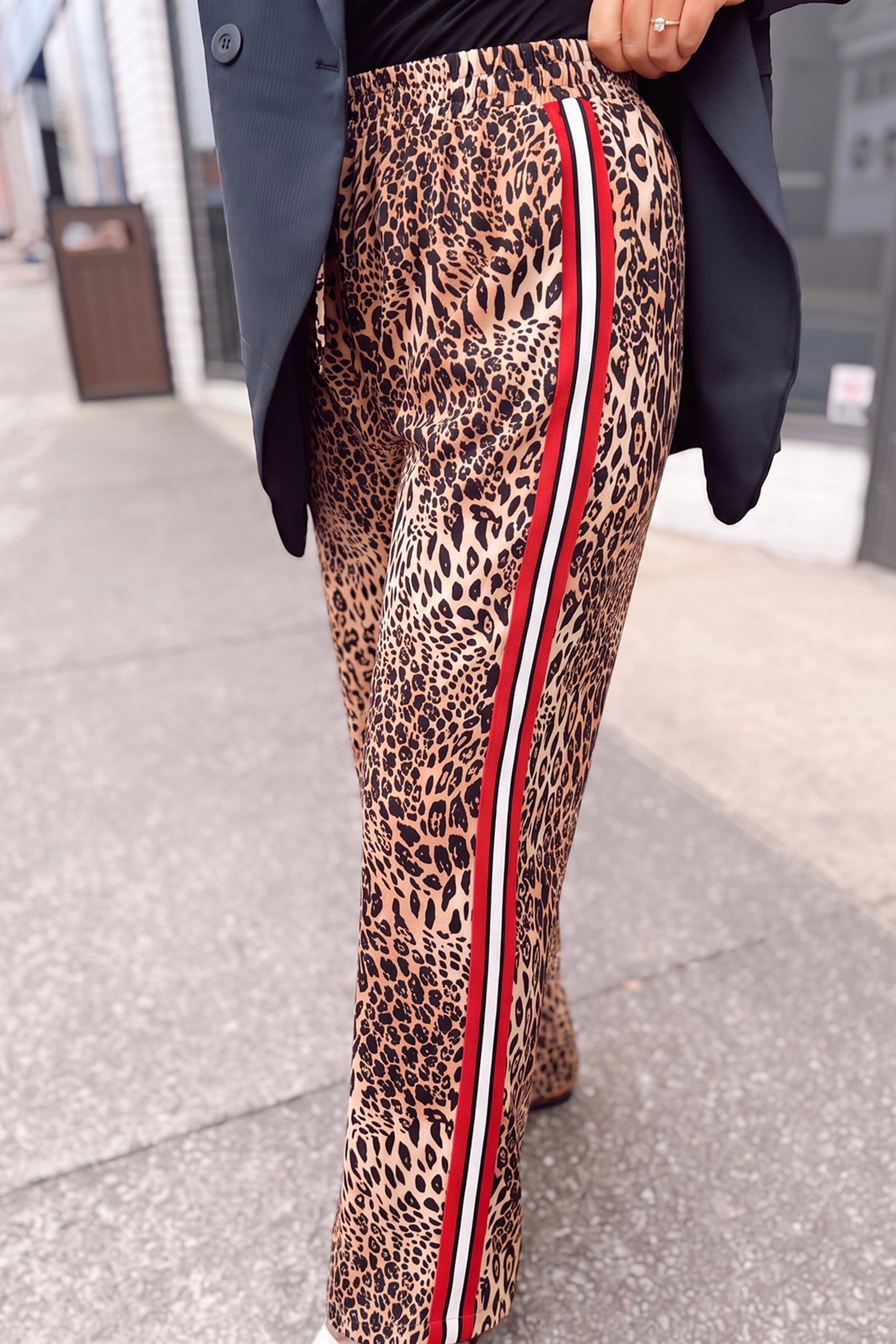 Khaki Leopard Print Colorblock Side Stripes Wide Leg Full Length Plus Size Pants 🇺🇸
