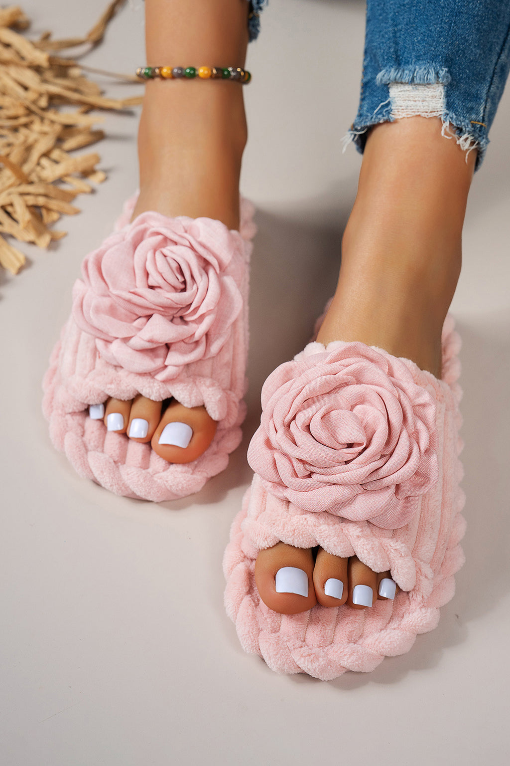 Pink Solid Color 3D Flower Accent Corded Ribbed Open Toe Slippers 🇺🇸