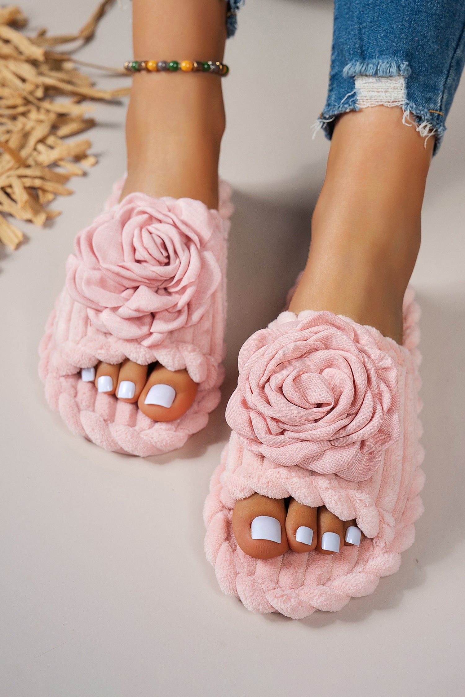Pink Solid Color 3D Flower Accent Corded Ribbed Open Toe Slippers 🇺🇸