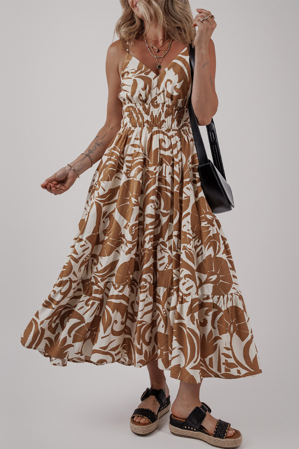 Khaki Floral Shirred High Waist Spaghetti Straps Maxi Dress 🇨🇳