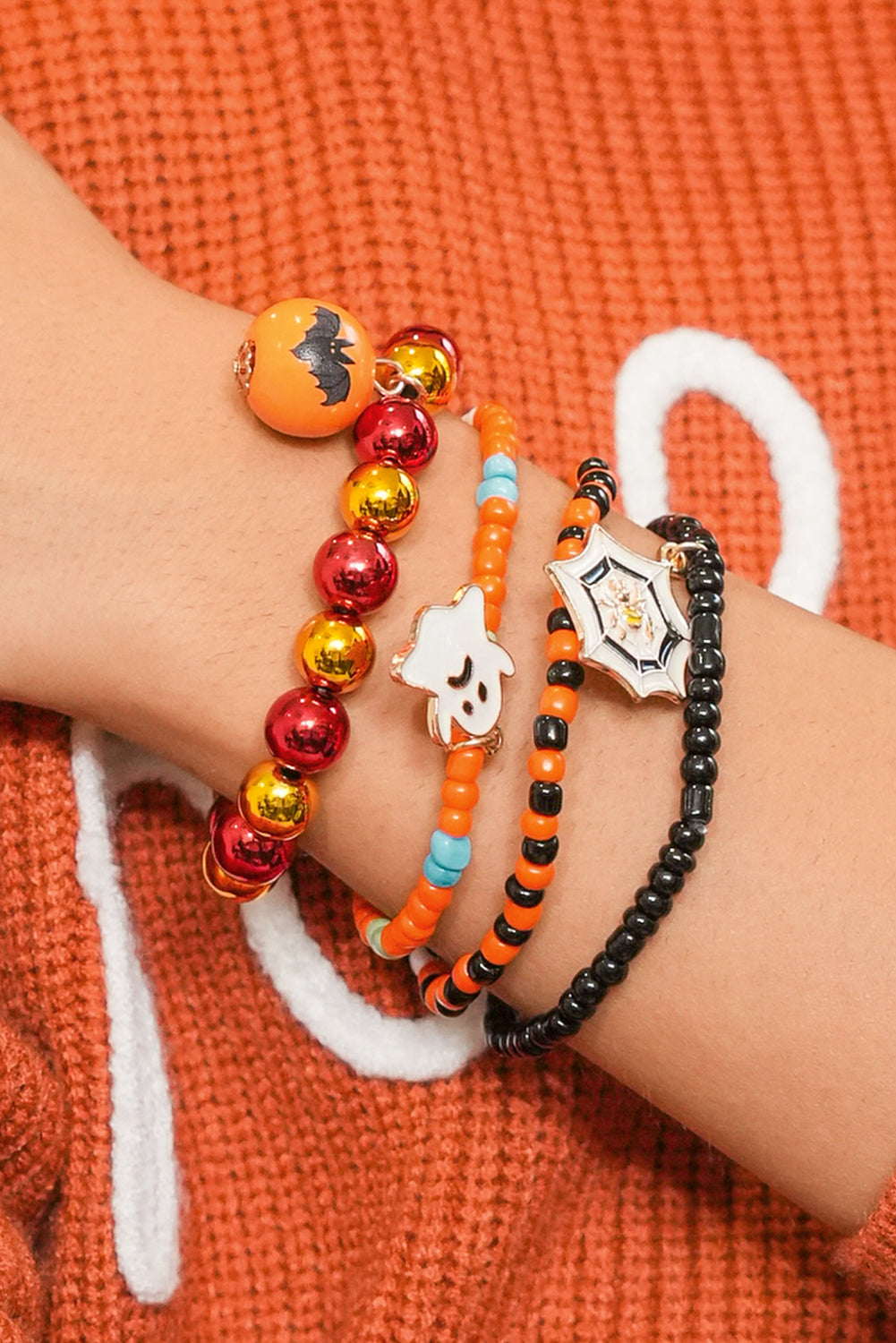 Orange 4pcs Halloween Ghost Spider Web Beaded Bracelet Set 🇺🇸