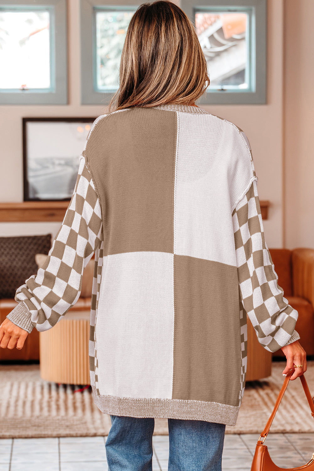 Brown Checkered Open Front Drop Shoulder Cardigan 🇺🇲