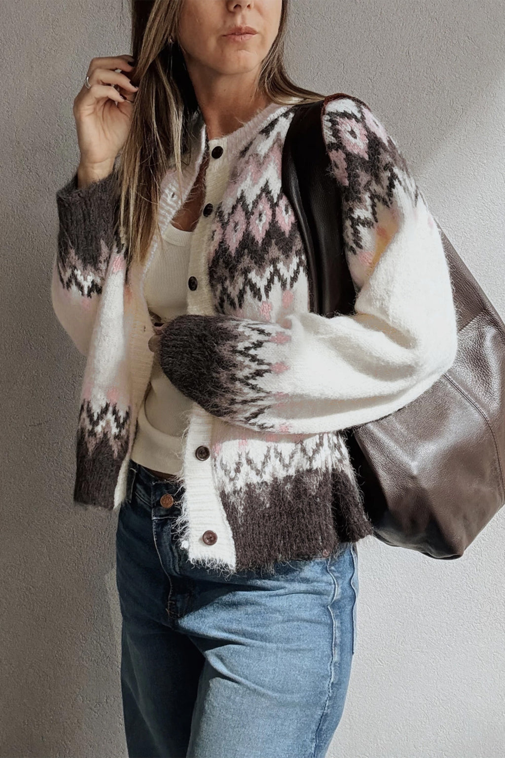 White Geometric Pattern Brushed Knit Button Cardigan 🇺🇸