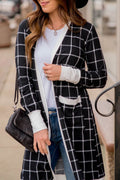 Black Plaid Colorblock Edge Open Cardigan with Pocket 🇨🇳