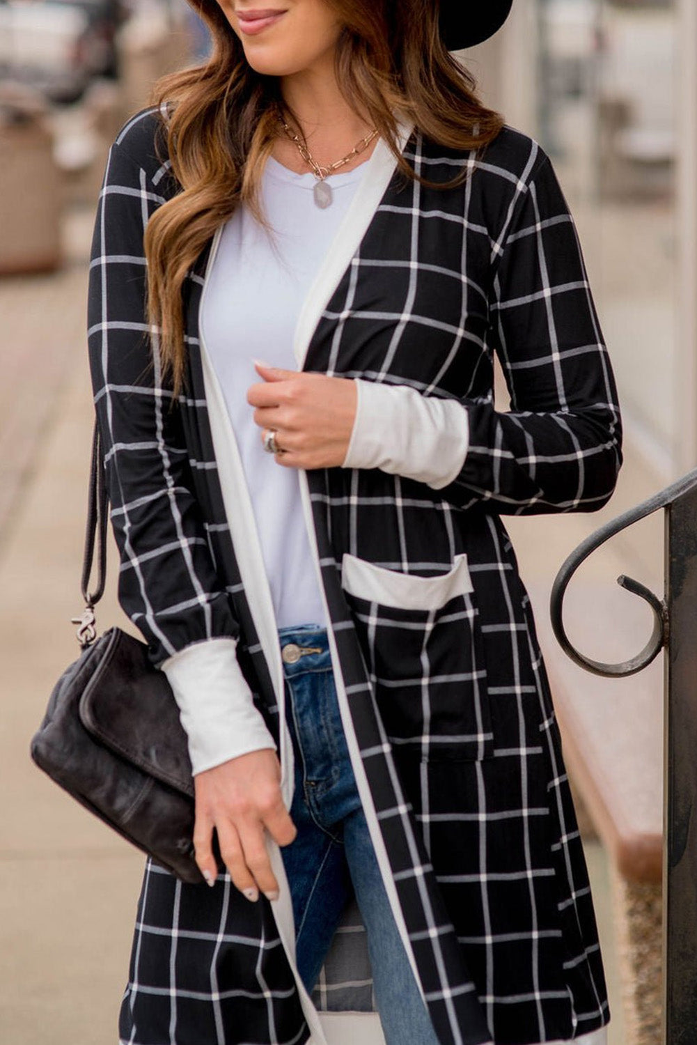 Black Plaid Colorblock Edge Open Cardigan with Pocket 🇨🇳