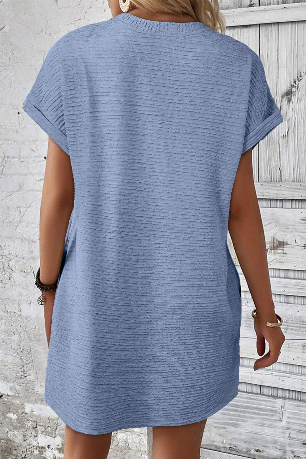 Myosotis Solid Color Textured Crinkle Short Sleeve T Shirt Dress 🇨🇳