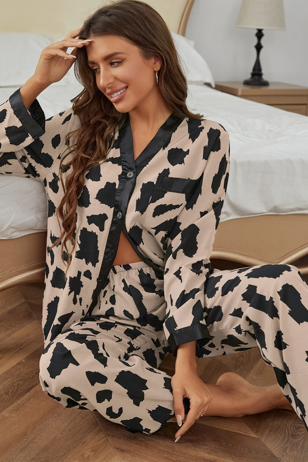 Khaki Cheetah Contrast Trim Loose Fit Two Piece Sleepwear 🇺🇸