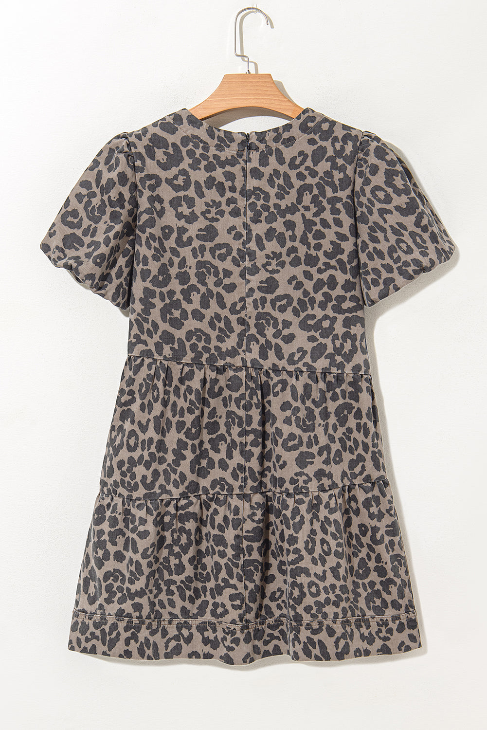 Brown Denim Leopard Printed Short Puff Sleeve Mini Dress 🇨🇳