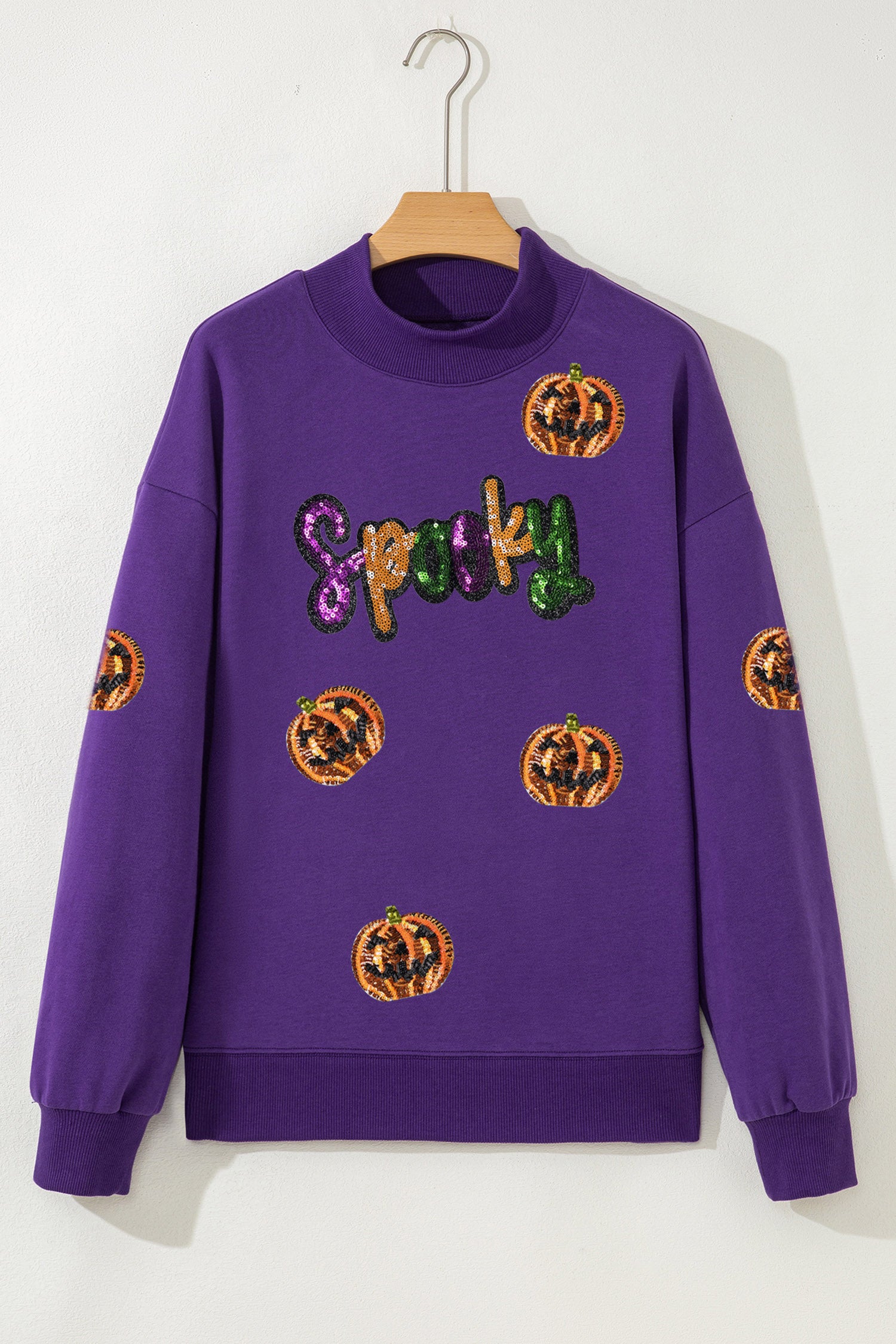 Tillandsia Purple Sequin Pumpkin Spooky Graphic Halloween Pullover Sweatshirt 🇺🇸