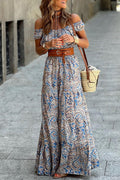 Blue Boho Paisley Print Off Shoulder Maxi Dress 🇺🇸
