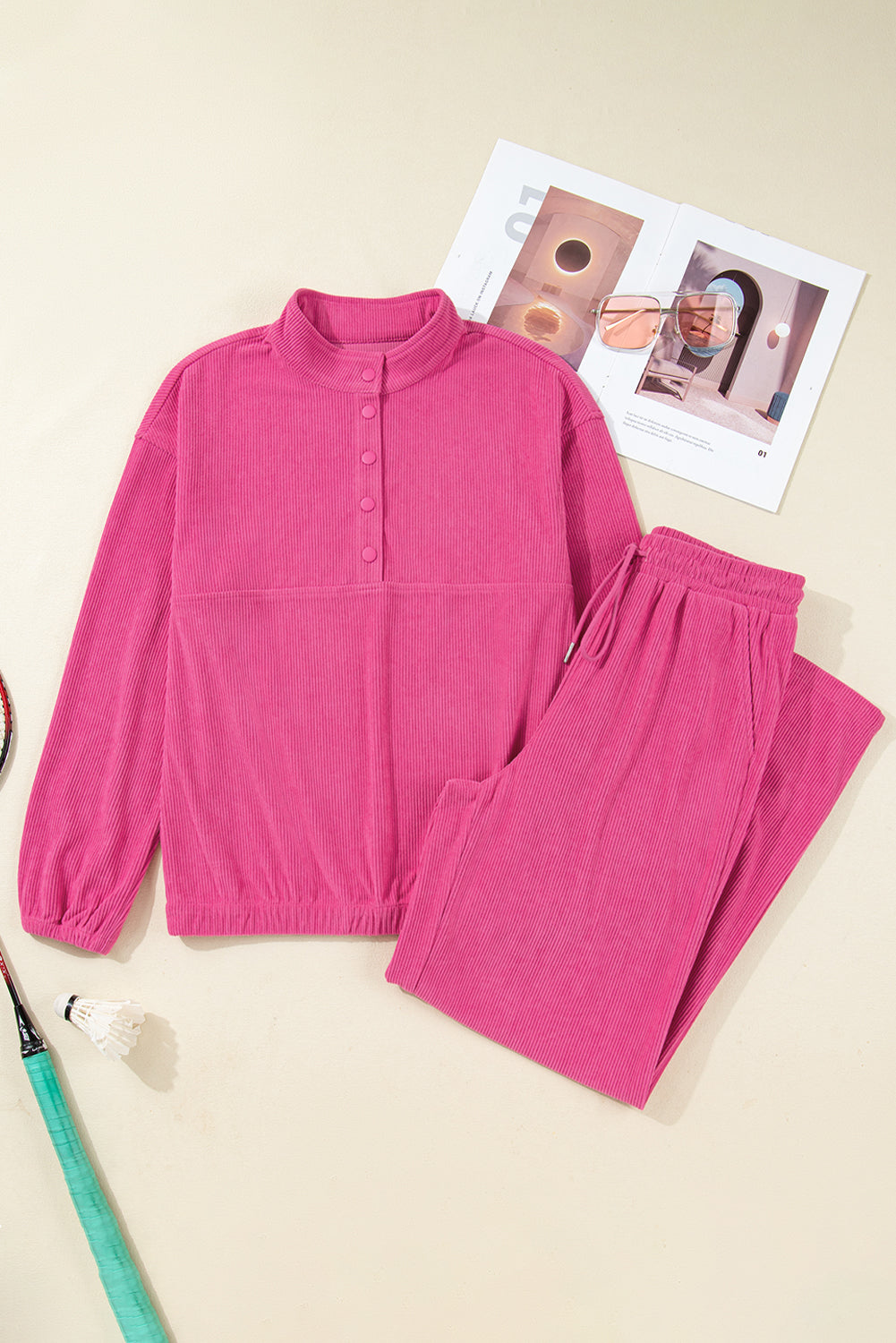 Peach Blossom Half Button Pullover Drawstring Pants Solid Color Corduroy 2pcs Outfit 🇺🇸