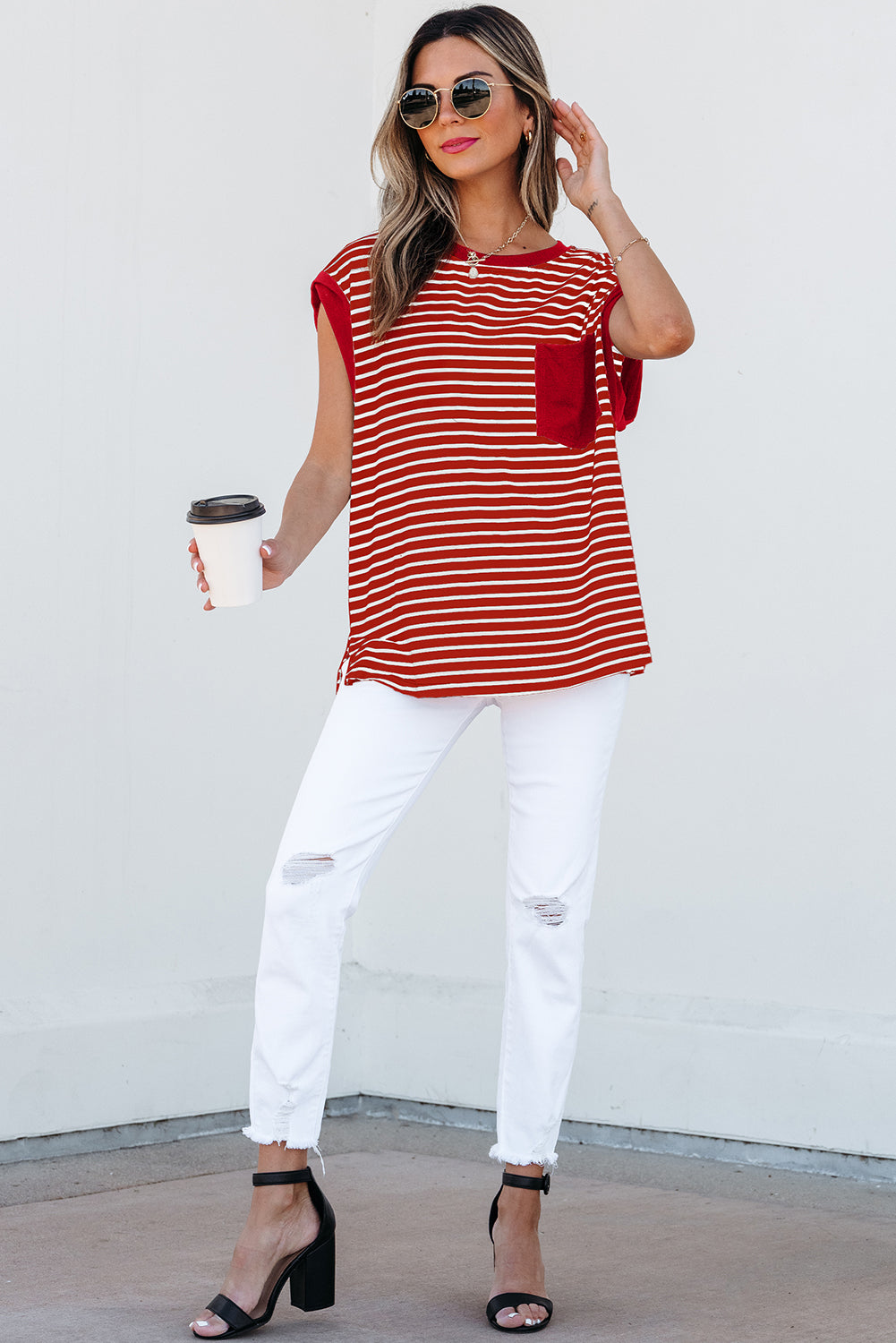 Red Stripe Chest Pocket Patch Round Neck Tank Top 🇨🇳