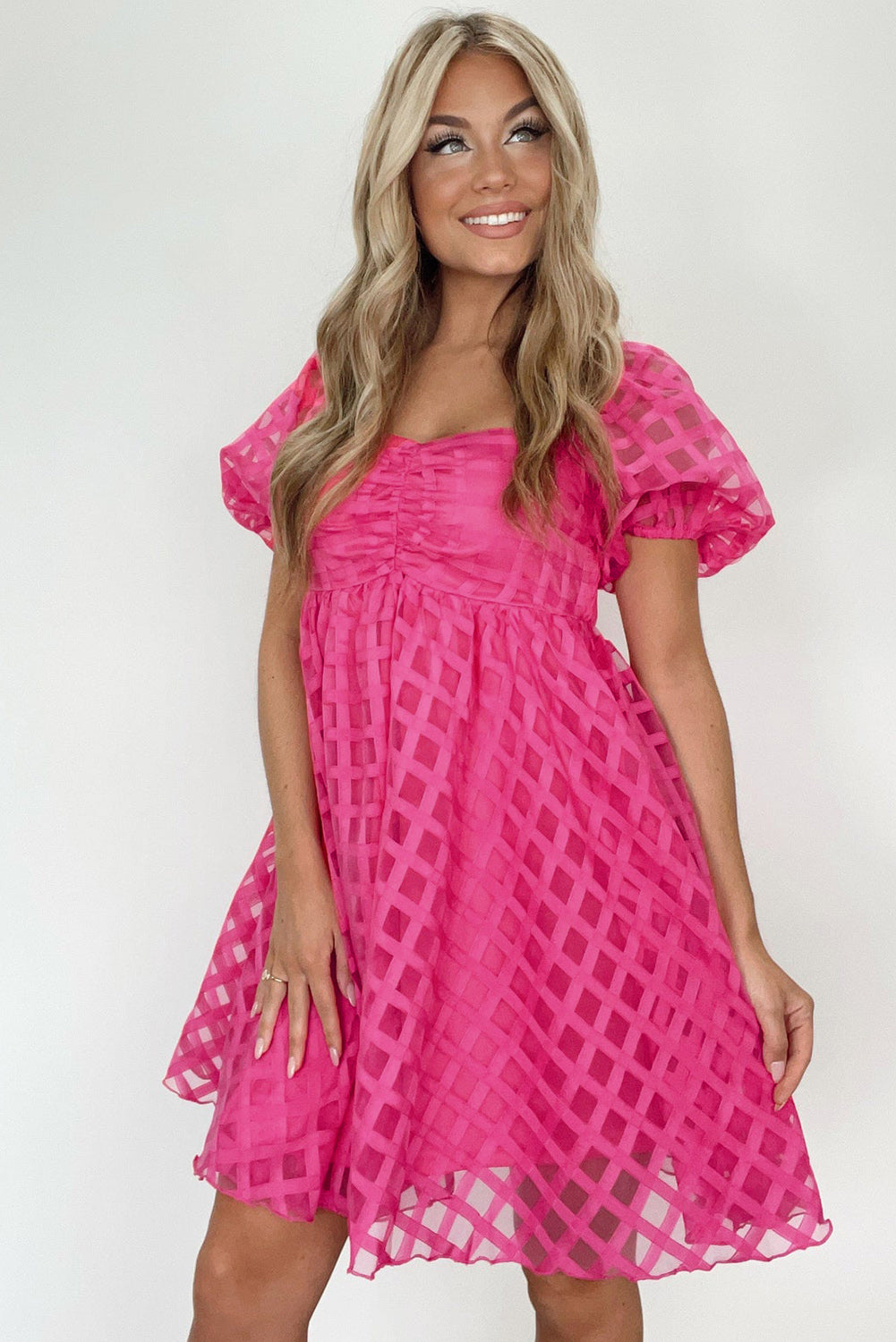 Strawberry Pink Checkered Puff Sleeve Babydoll Dress 🇺🇸
