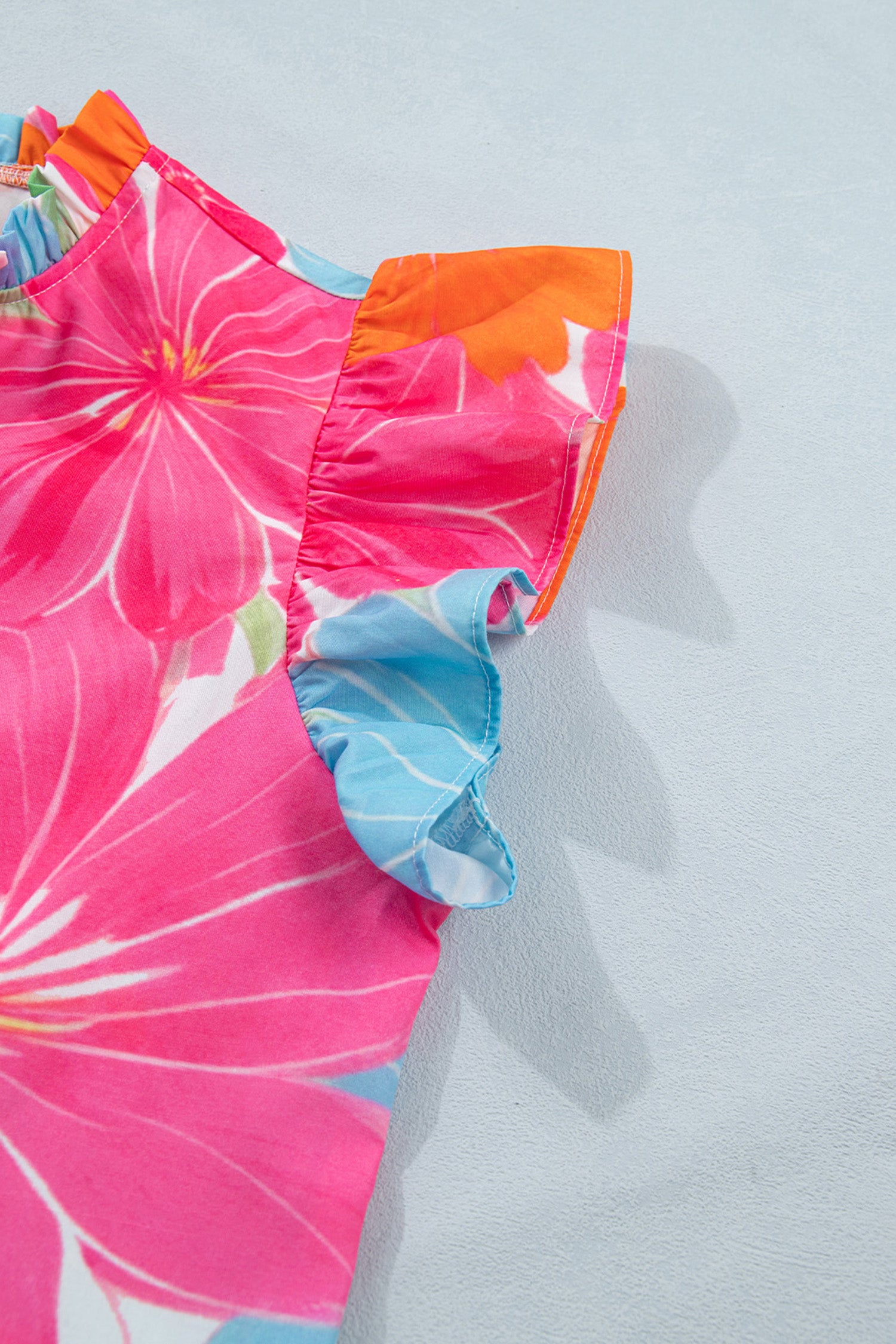 Multicolour Vibrant Flower Printed Tie V Neck Ruffle Trim Sleeveless Blouse 🇺🇸