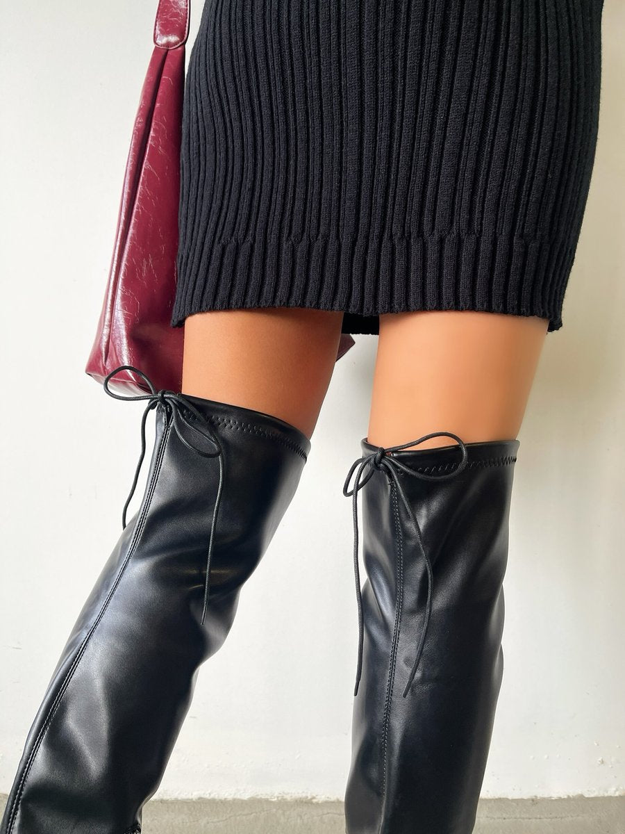 Tie Detail Low Heel Knee High Boots 🇬🇧