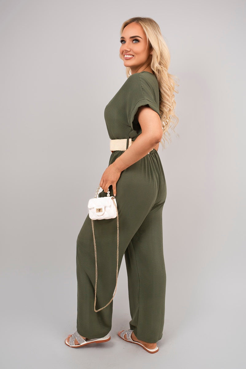 V Neck Short Sleeve Wide Leg Jumpsuit with Woven Belt 🇬🇧