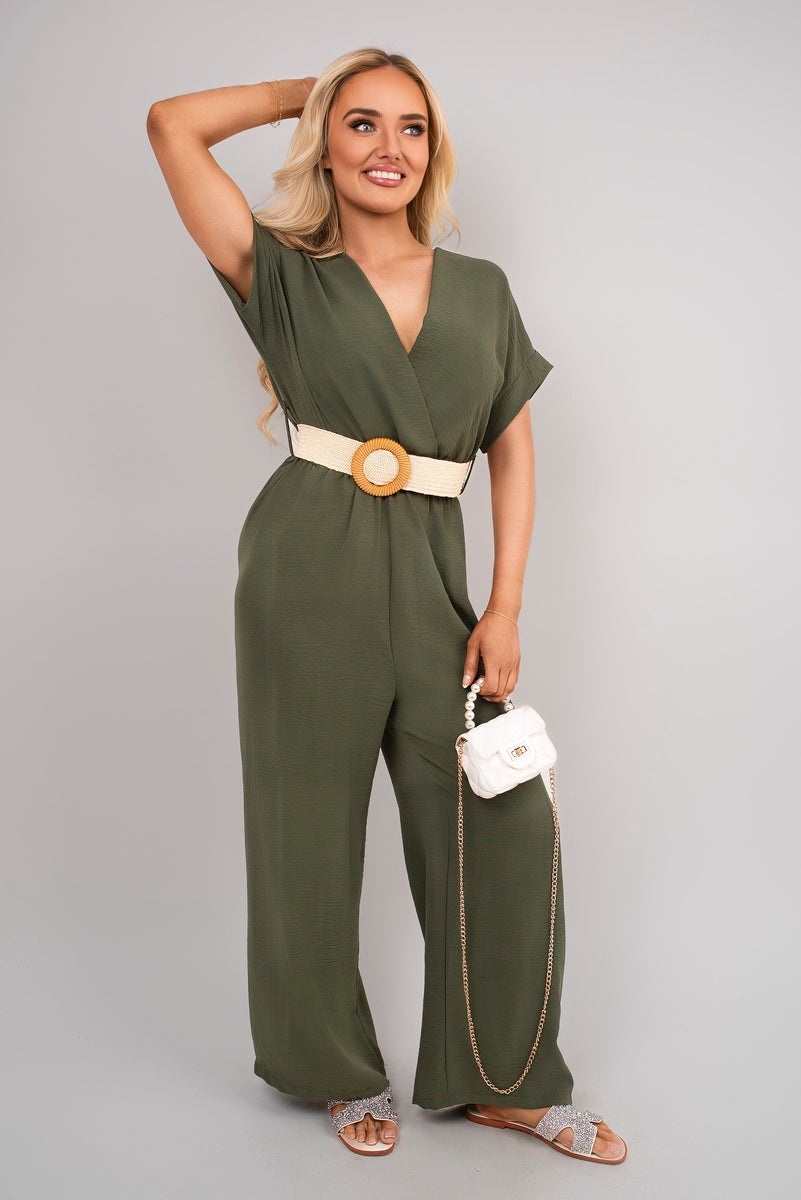 V Neck Short Sleeve Wide Leg Jumpsuit with Woven Belt 🇬🇧