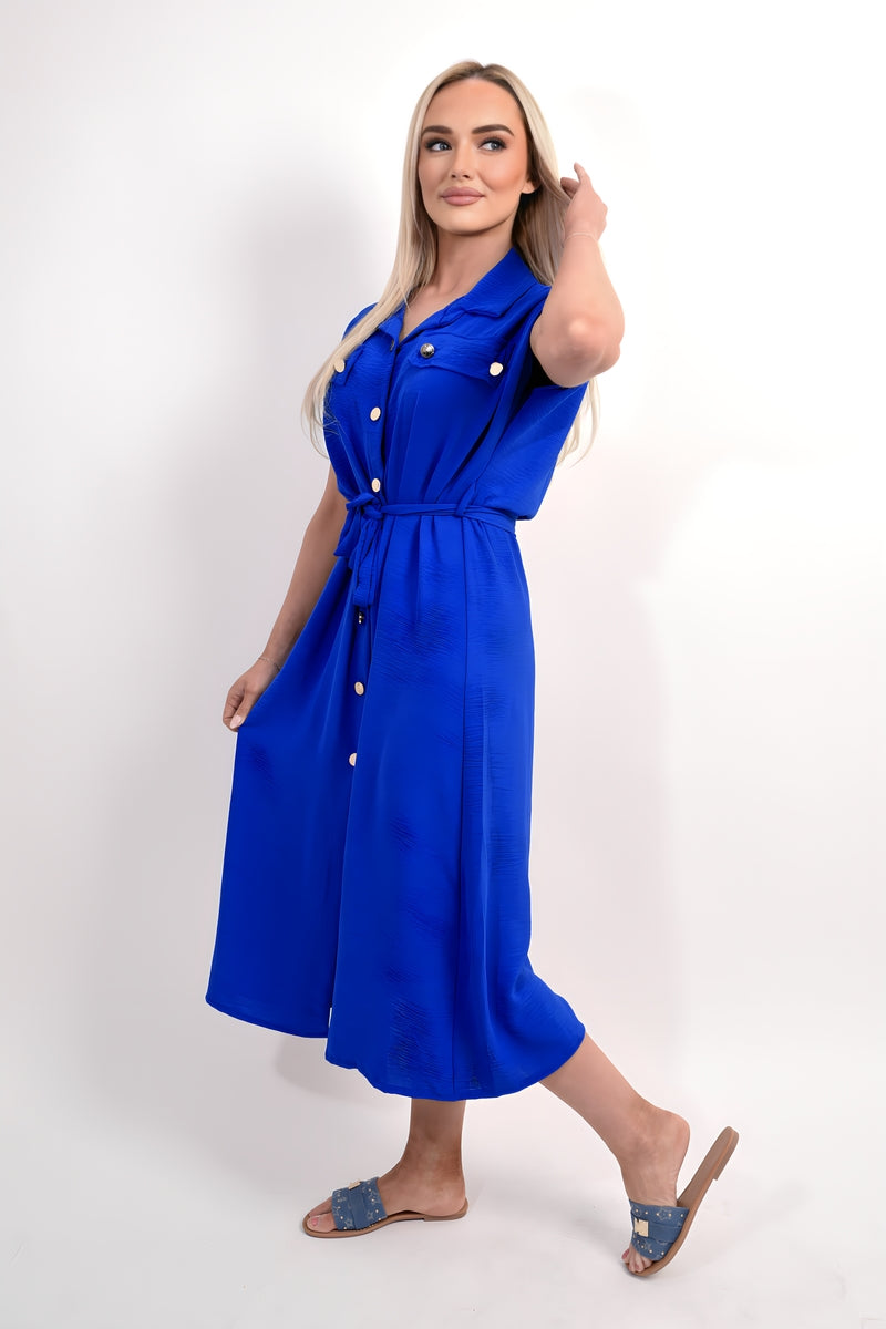 Collared Button Down Short Sleeve Tie Waist Midi Dress 🇬🇧