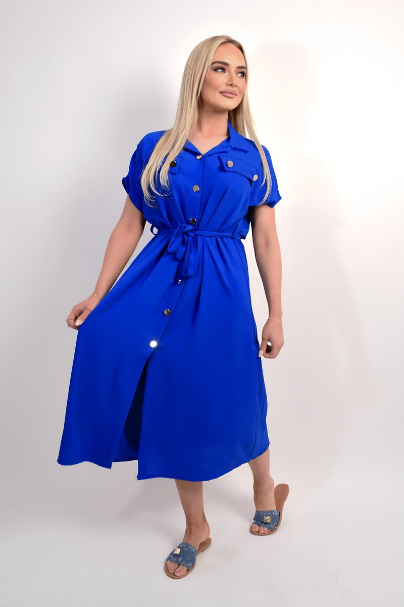 Collared Button Down Short Sleeve Tie Waist Midi Dress 🇬🇧