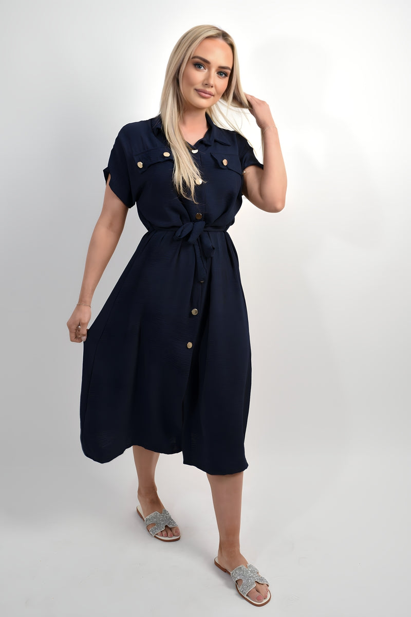 Collared Button Down Short Sleeve Tie Waist Midi Dress 🇬🇧