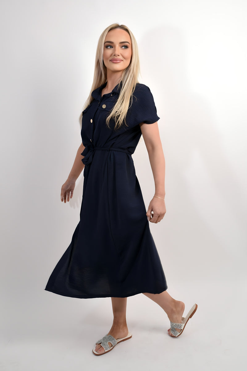Collared Button Down Short Sleeve Tie Waist Midi Dress 🇬🇧