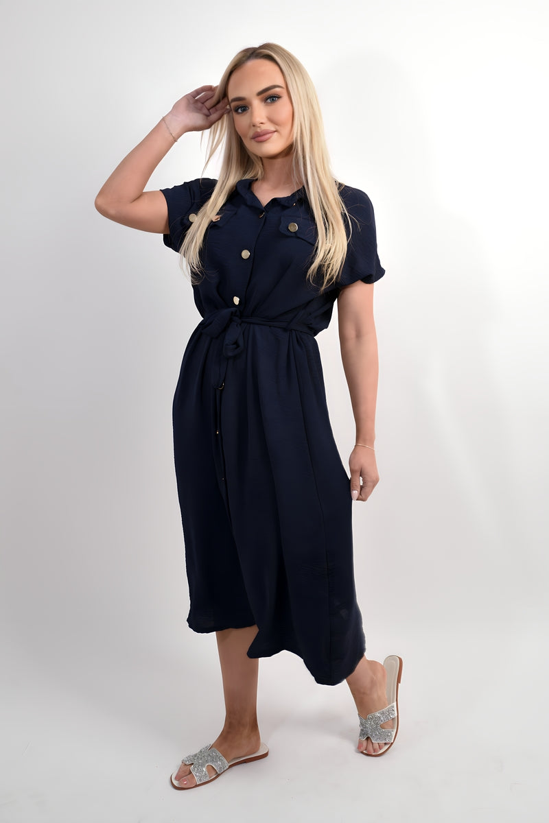 Collared Button Down Short Sleeve Tie Waist Midi Dress 🇬🇧