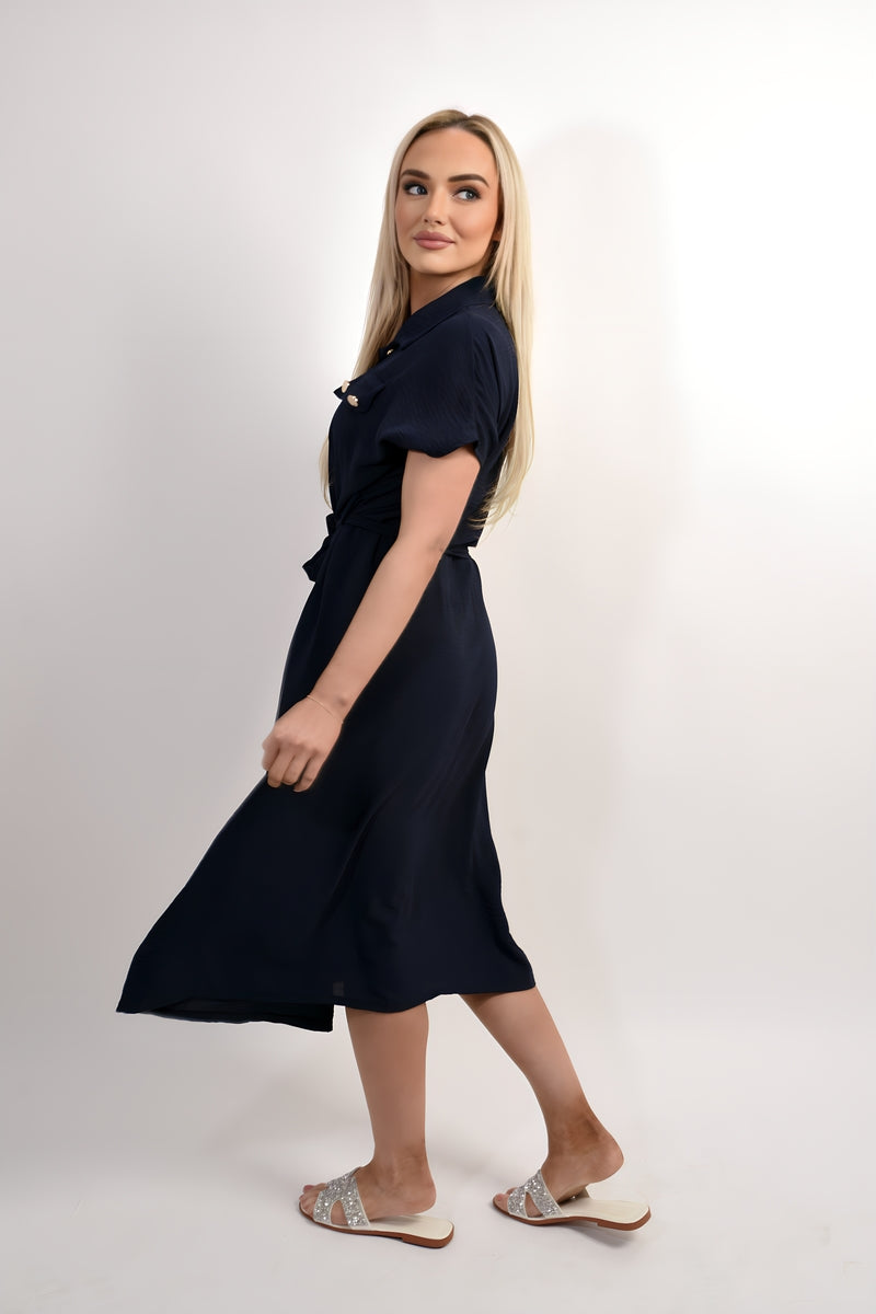 Collared Button Down Short Sleeve Tie Waist Midi Dress 🇬🇧