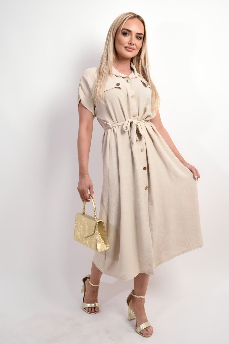 Collared Button Down Short Sleeve Tie Waist Midi Dress 🇬🇧