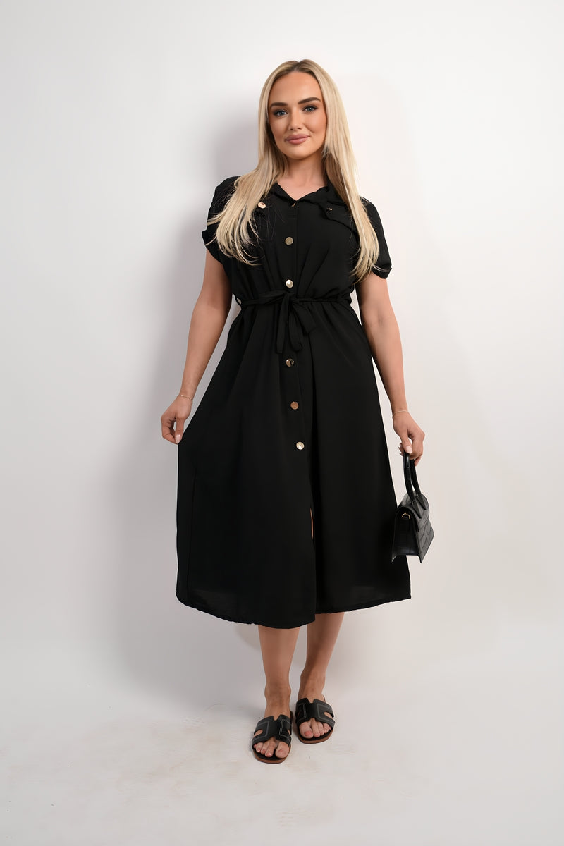 Collared Button Down Short Sleeve Tie Waist Midi Dress 🇬🇧
