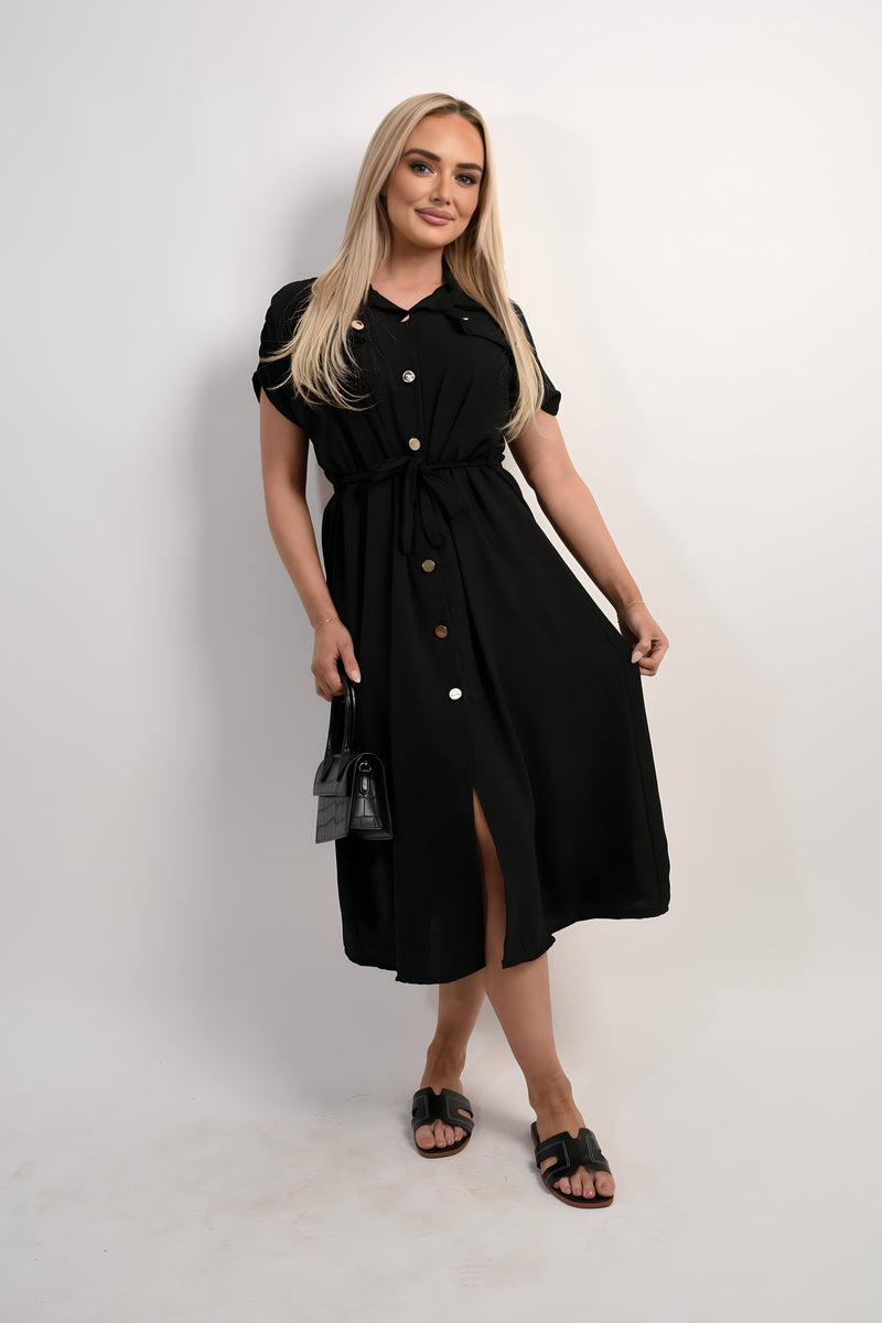 Collared Button Down Short Sleeve Tie Waist Midi Dress 🇬🇧