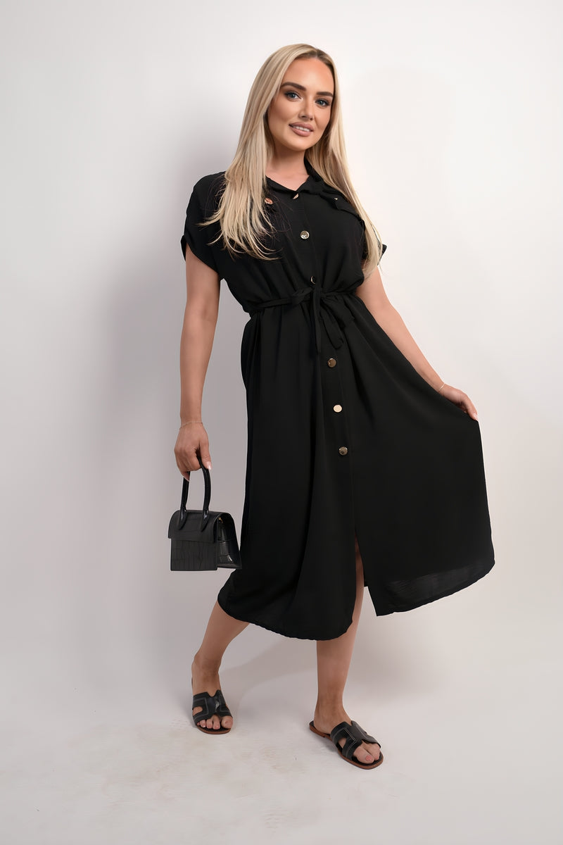 Collared Button Down Short Sleeve Tie Waist Midi Dress 🇬🇧