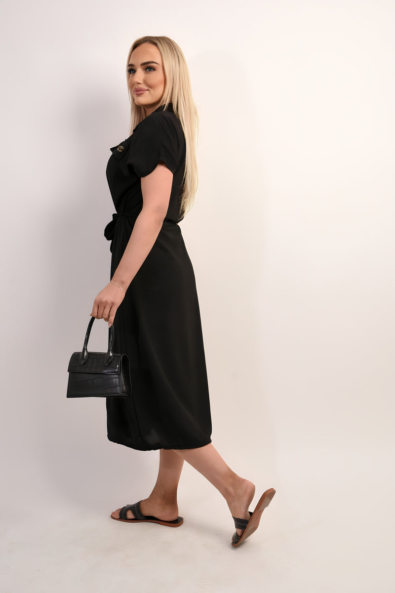 Collared Button Down Short Sleeve Tie Waist Midi Dress 🇬🇧