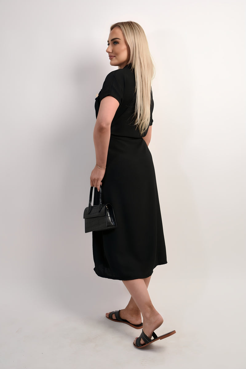 Collared Button Down Short Sleeve Tie Waist Midi Dress 🇬🇧