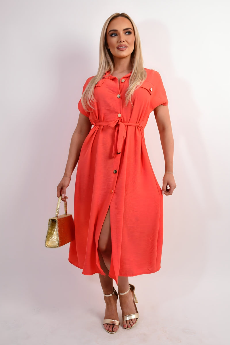 Collared Button Down Short Sleeve Tie Waist Midi Dress 🇬🇧