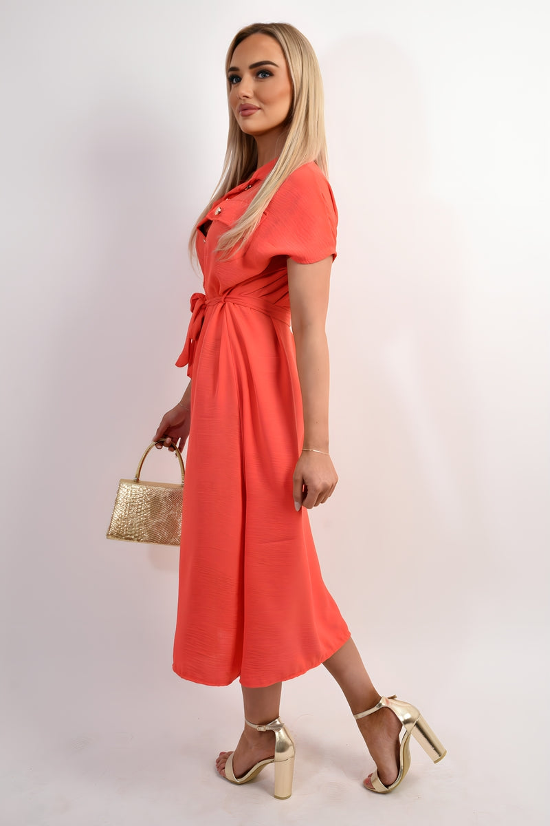 Collared Button Down Short Sleeve Tie Waist Midi Dress 🇬🇧