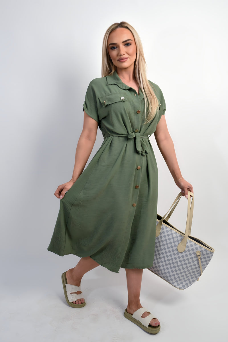 Collared Button Down Short Sleeve Tie Waist Midi Dress 🇬🇧