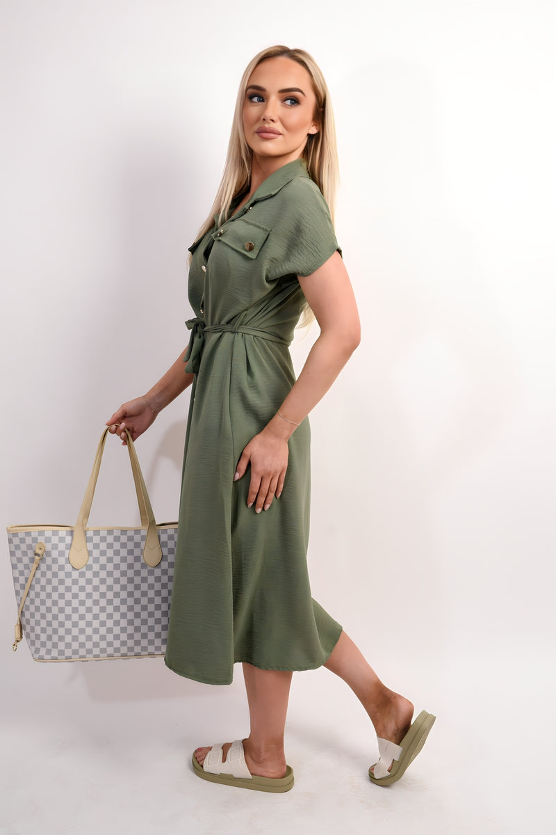 Collared Button Down Short Sleeve Tie Waist Midi Dress 🇬🇧