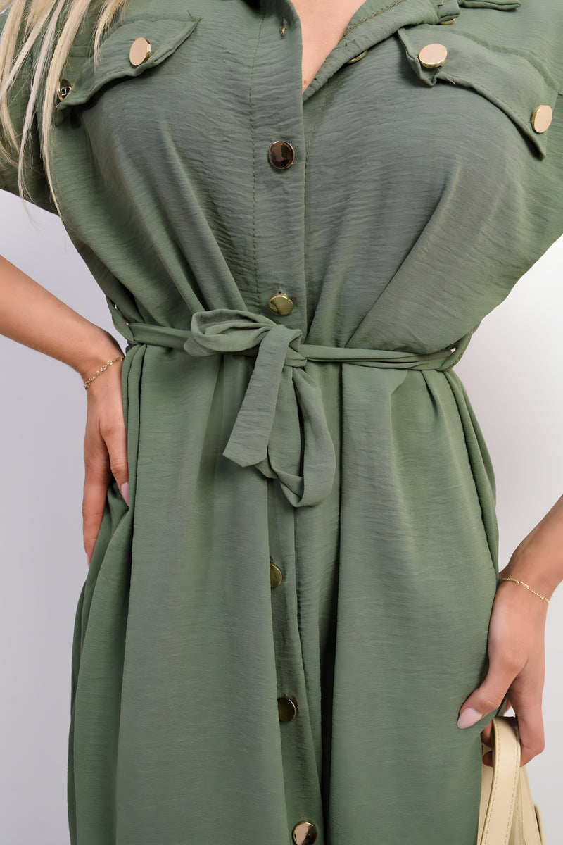 Collared Button Down Short Sleeve Tie Waist Midi Dress 🇬🇧