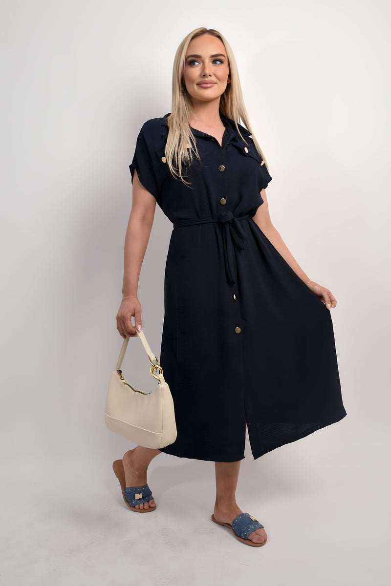 Collared Button Down Short Sleeve Tie Waist Midi Dress 🇬🇧