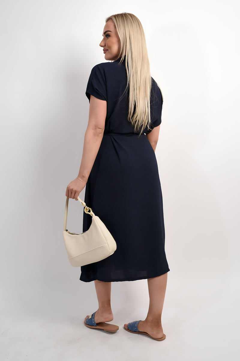 Collared Button Down Short Sleeve Tie Waist Midi Dress 🇬🇧