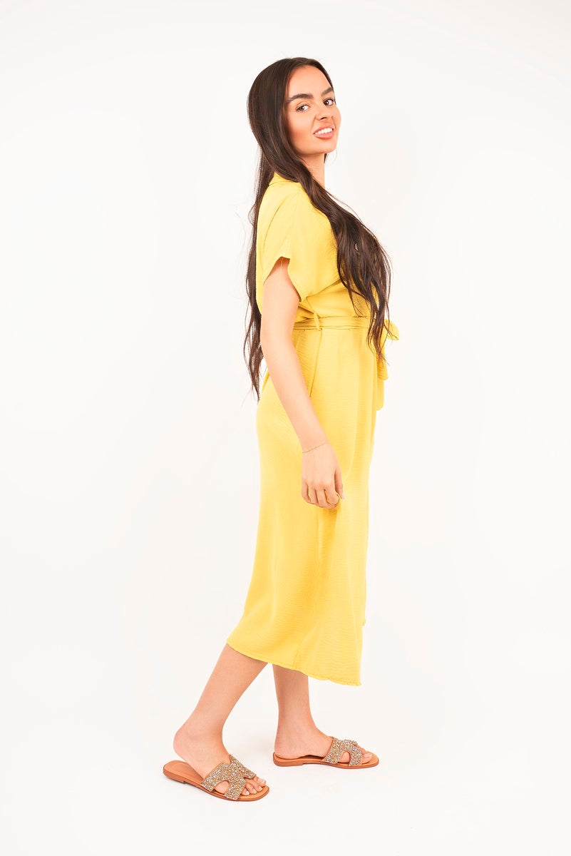 Collared Button Down Short Sleeve Tie Waist Midi Dress 🇬🇧